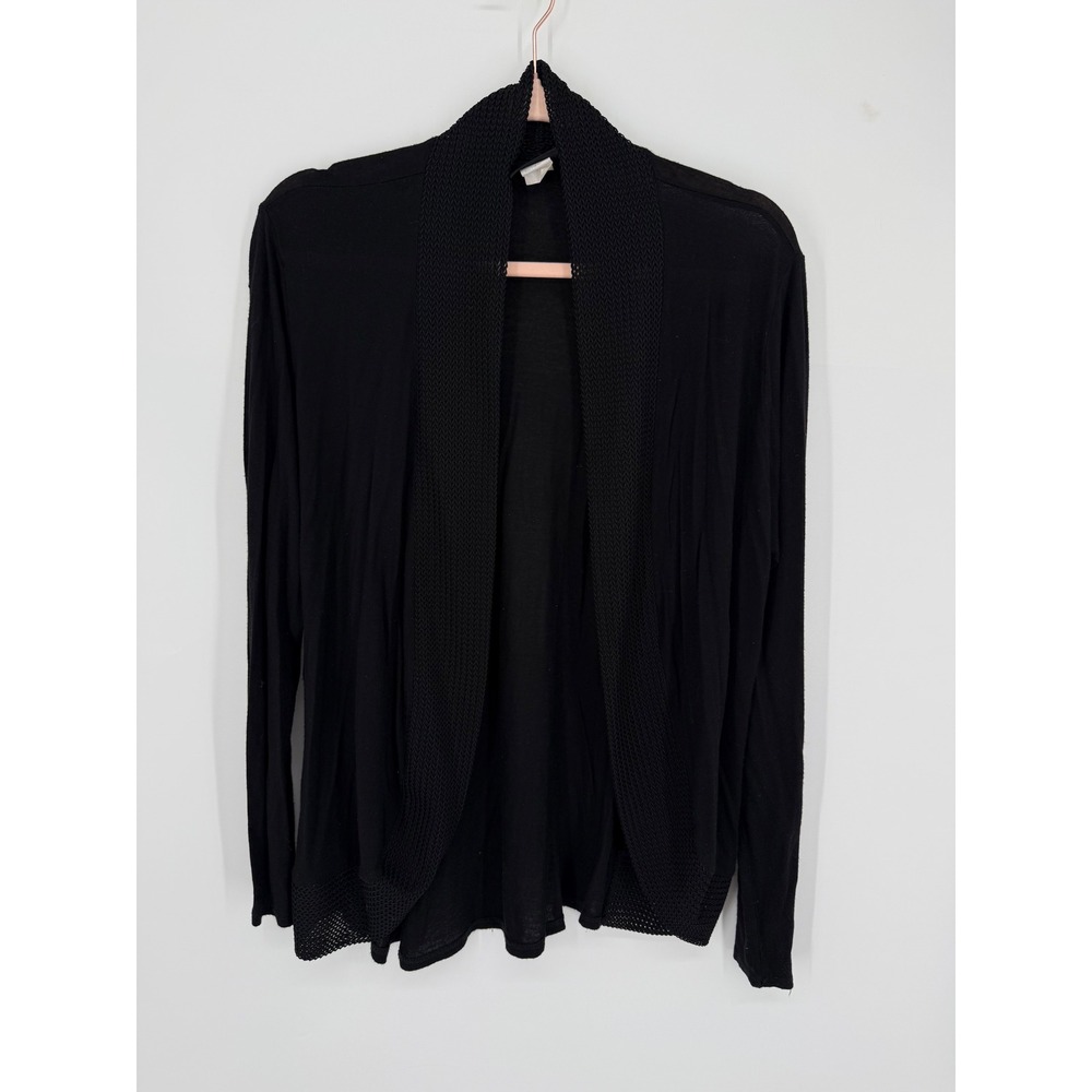 JK LA California Cardigan Women XL Black Open Front Textured Trim Crochet